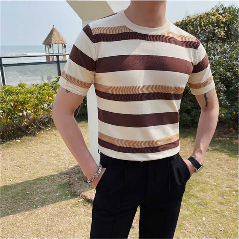 Men's Summer Slim Knit Contrast Stripe T-Shirt