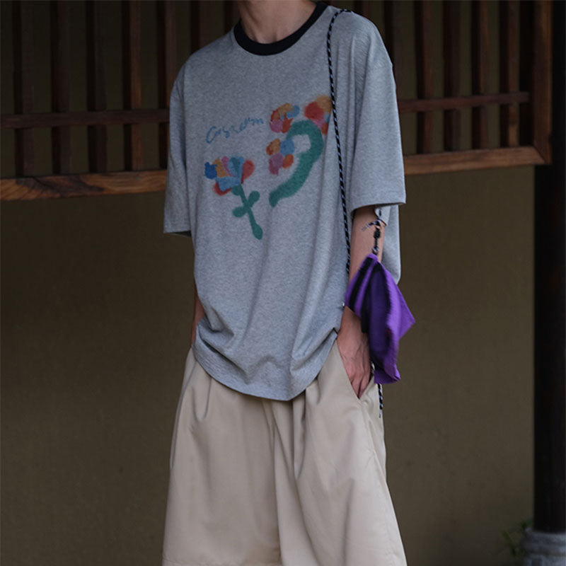 Floral Loose Crew Neck Cotton Short Sleeve T-Shirt