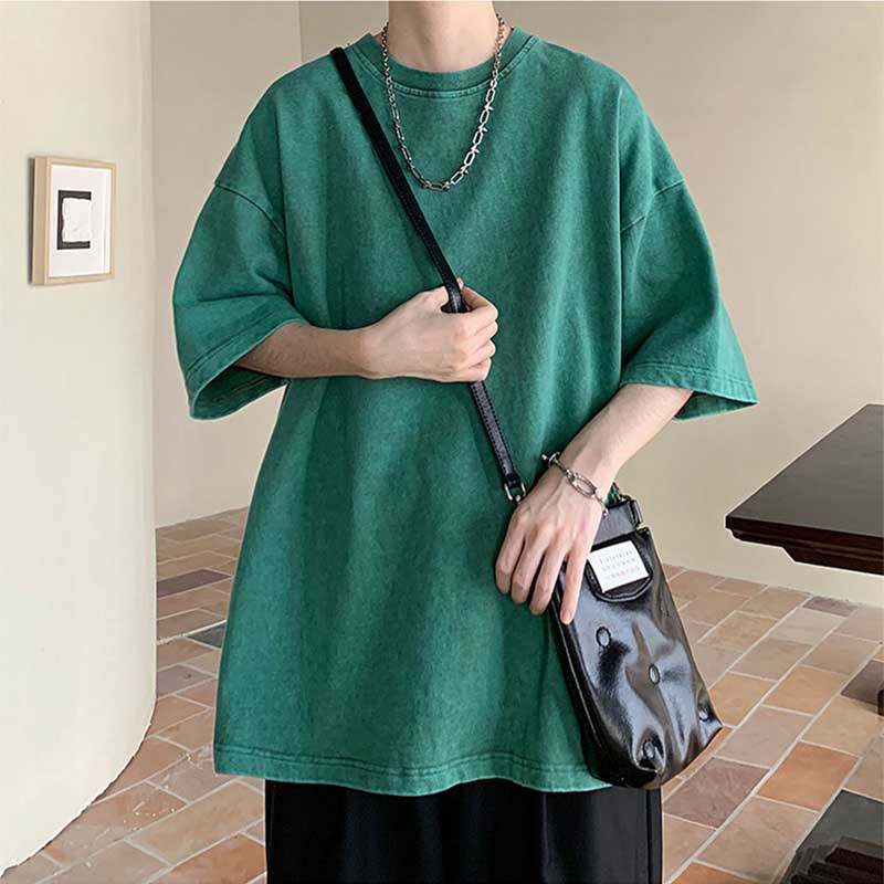 Men's Summer Loose Solid Color Neutral Style Retro All-match Round Neck Short Sleeves