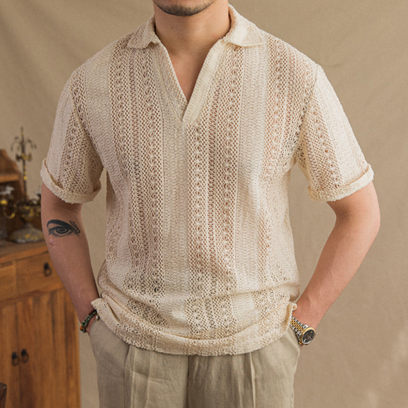 Vintage Hollow Short Sleeve POLO Collar Gentleman T-Shirt