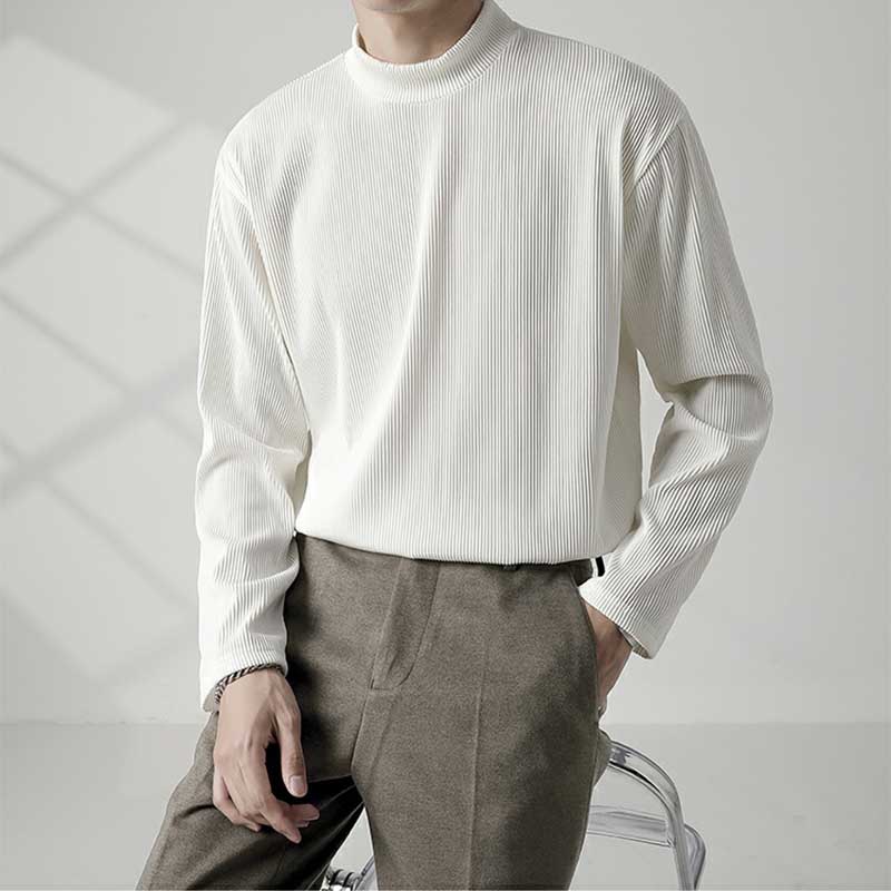 Men's Half High Neck Round Neck Loose Long Sleeve Solid Color T-Shirt