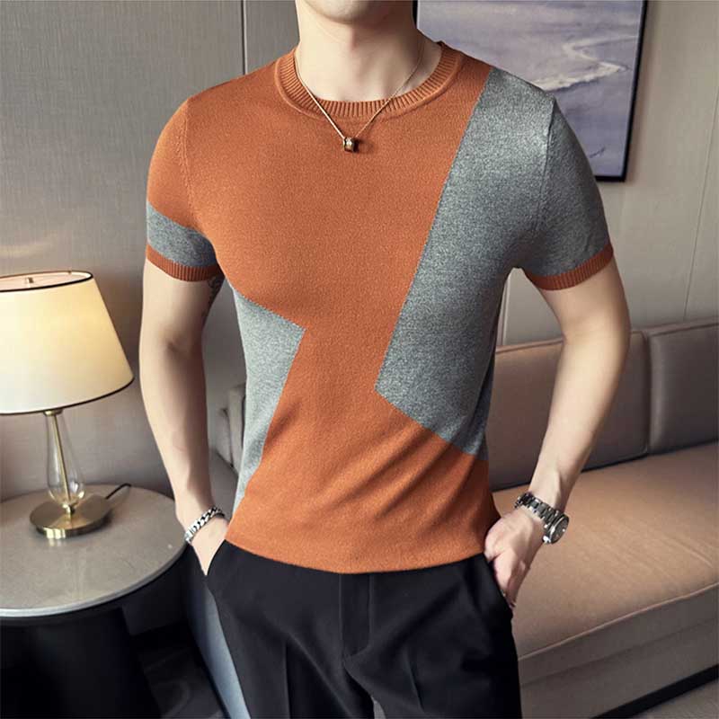 Men's British Business Slim Round Neck Color Matching Knit Half Sleeve T-Shirt