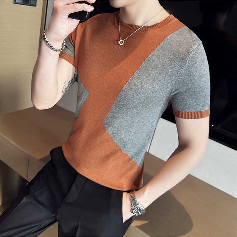 Men's British Business Slim Round Neck Color Matching Knit Half Sleeve T-Shirt
