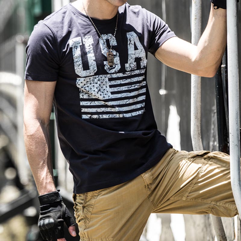 Men's Casual American USA Letters Old Printed Slim Fit Short Sleeve T-Shirt