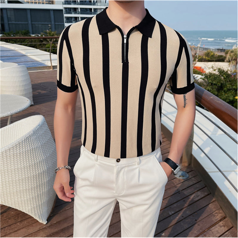 Men's British Business Contrast Stripe Zipper Slim Lapel Knit T-Shirt