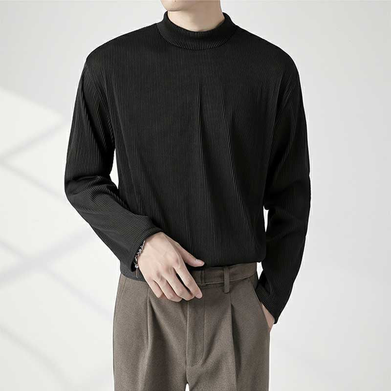 Men's Half High Neck Round Neck Loose Long Sleeve Solid Color T-Shirt