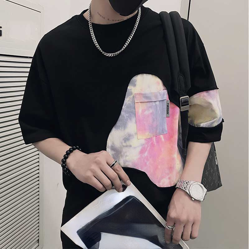 Men's Summer Round Neck Tie-dye Stitching Short-sleeved T-shirt