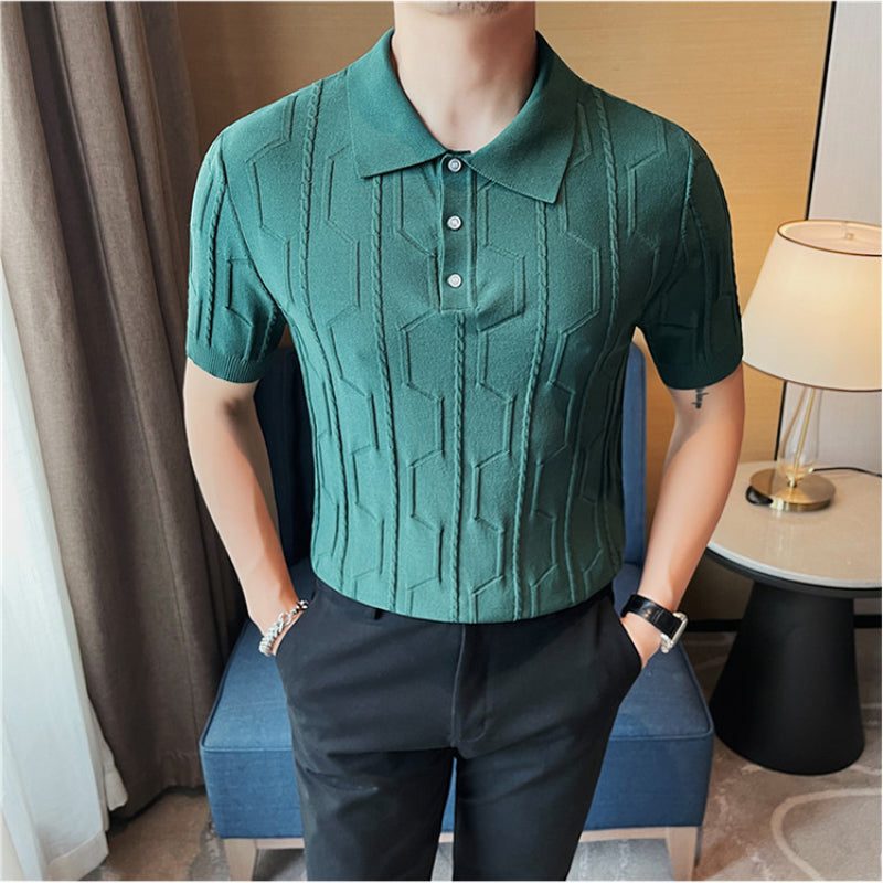 Men's Business British Lapel Polo Knit Slim Fit Casual T-Shirt