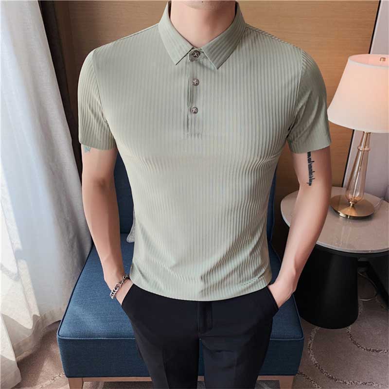 Polo Shirt Solid Color Striped Ice Silk Drape Lapel Half-sleeved Men's Summer Slim Business T-shirt