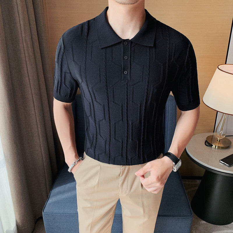 Men's Business British Lapel Polo Knit Slim Fit Casual T-Shirt