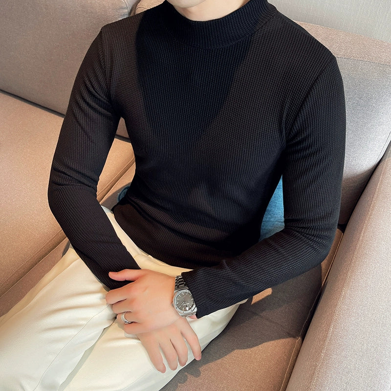 Men's Slim Fit Waffle Mock Neck Long Sleeve T-Shirt