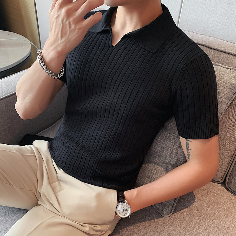 Men's Business British Striped Knitted Polo Shirt V Lapel Short-sleeved Slim Fit T-shirt