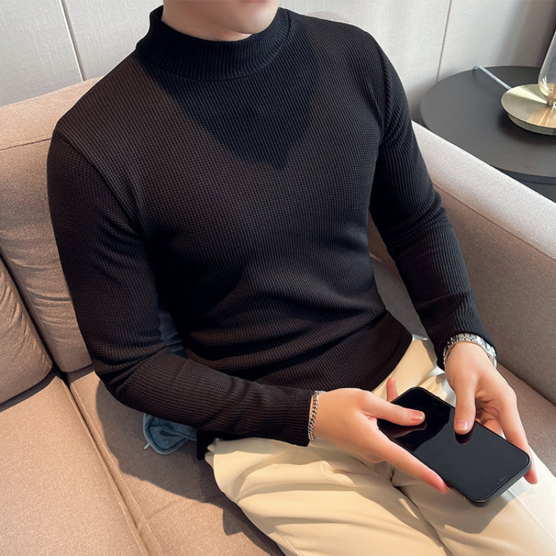 Men's Slim Fit Waffle Mock Neck Long Sleeve T-Shirt