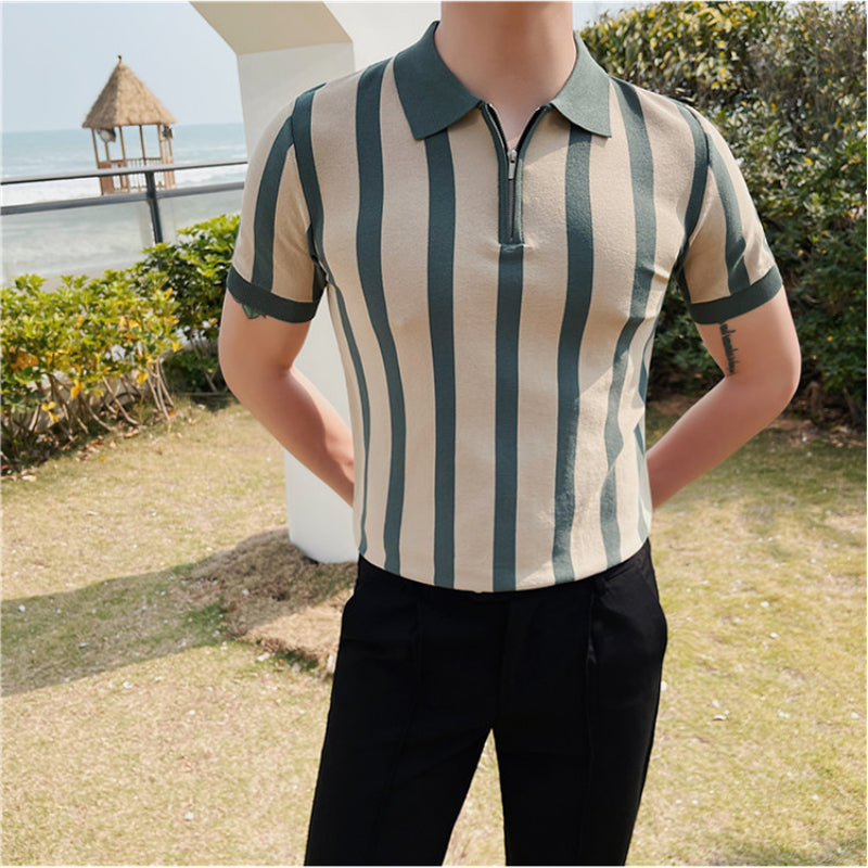 Men's British Business Contrast Stripe Zipper Slim Lapel Knit T-Shirt