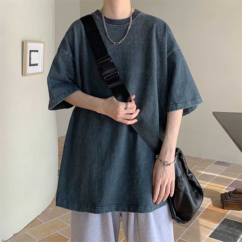 Men's Summer Loose Solid Color Neutral Style Retro All-match Round Neck Short Sleeves