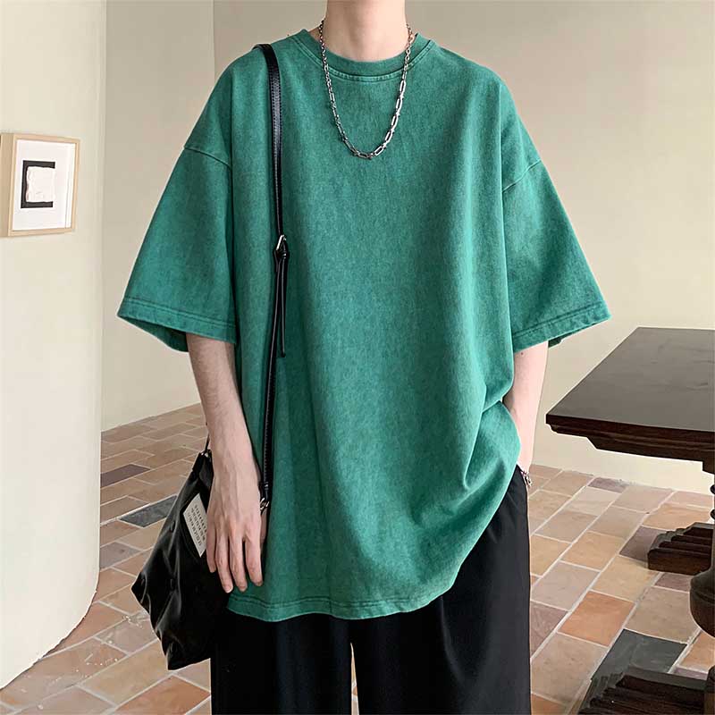 Men's Summer Loose Solid Color Neutral Style Retro All-match Round Neck Short Sleeves