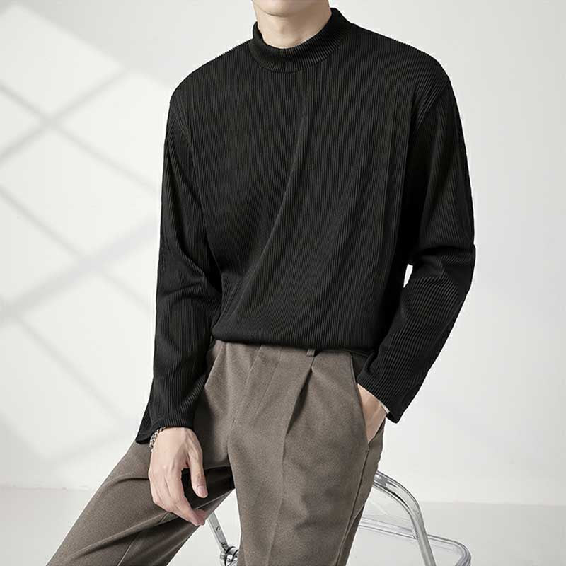 Men's Half High Neck Round Neck Loose Long Sleeve Solid Color T-Shirt