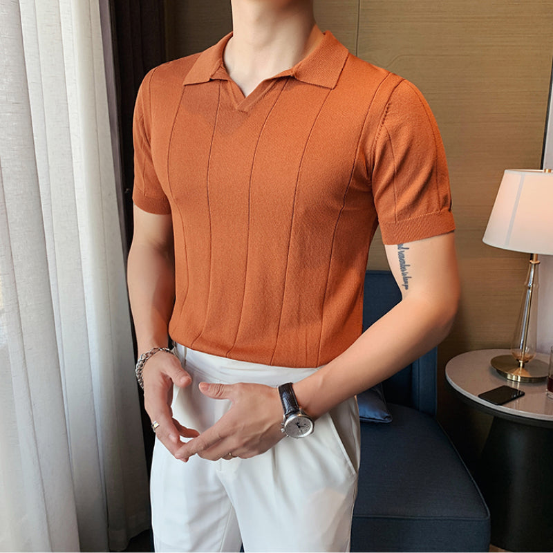 Men's Summer Business V-neck Knitted POLO T-shirt