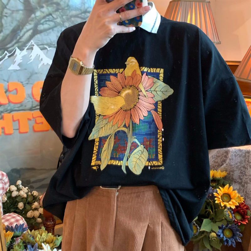 Vintage Sunflower Polo Collar Short Sleeves