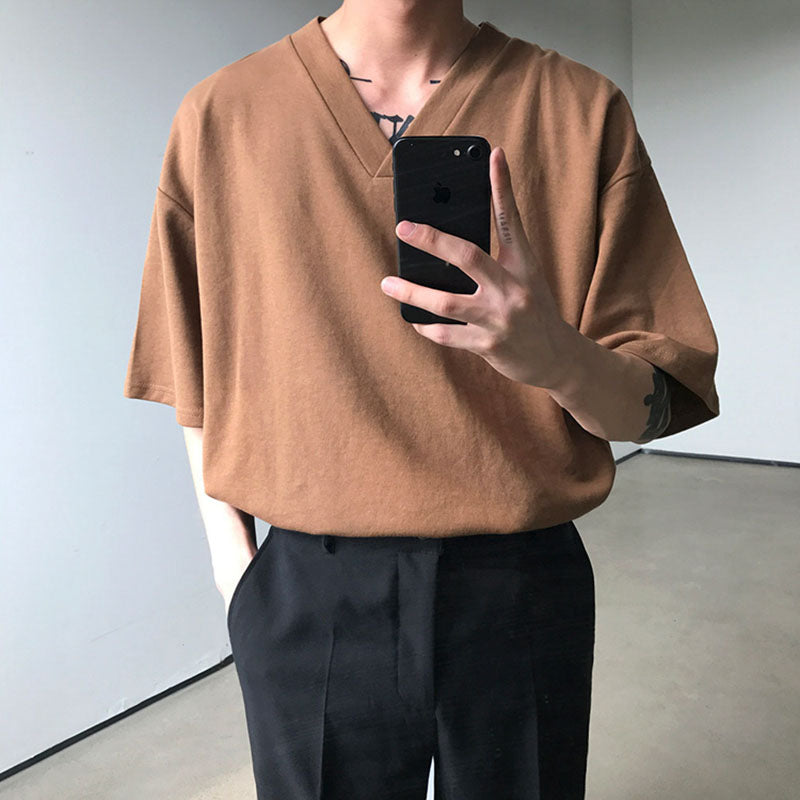 Solid Color Loose V-Neck Short Sleeve T-Shirt