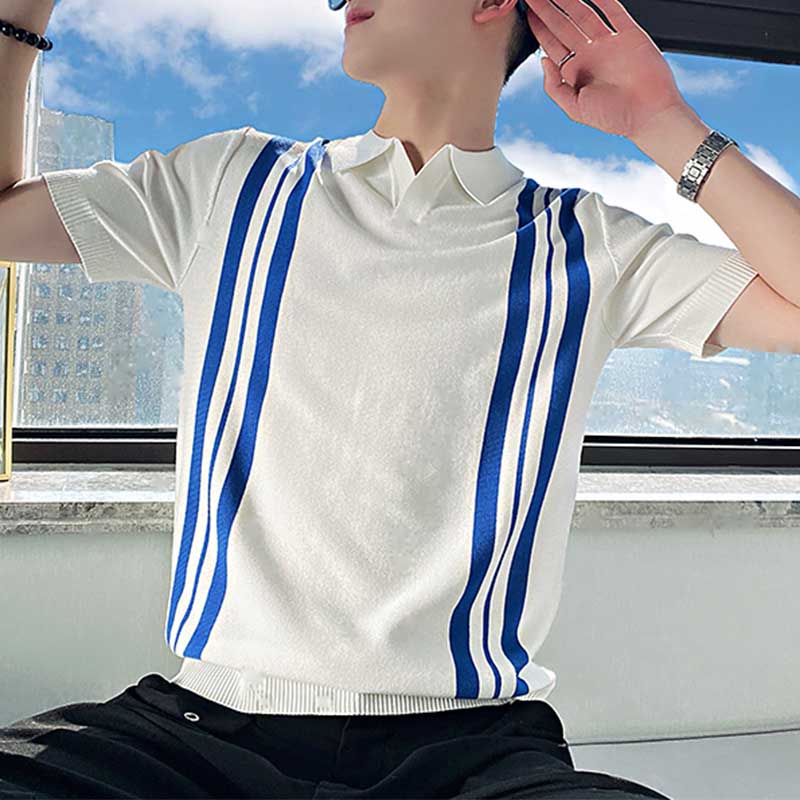 Men's Summer Striped Short Sleeve T-Shirt New Slim Fit Polo Shirt