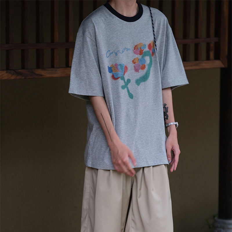 Floral Loose Crew Neck Cotton Short Sleeve T-Shirt