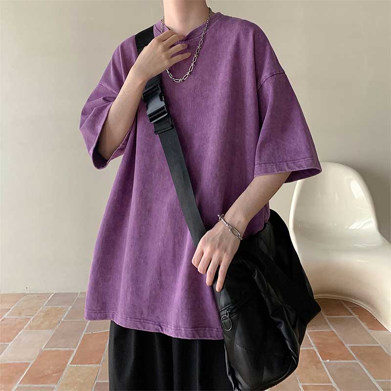 Men's Summer Loose Solid Color Neutral Style Retro All-match Round Neck Short Sleeves
