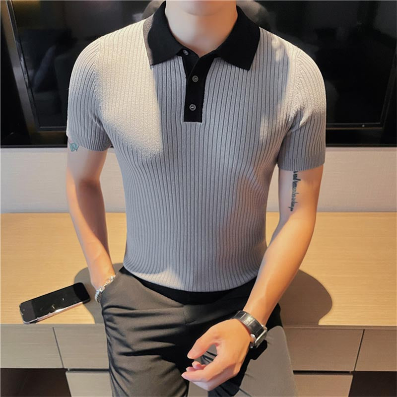 Men's Business Knitted Polo Collar Ice Silk Short-sleeved T-shirt