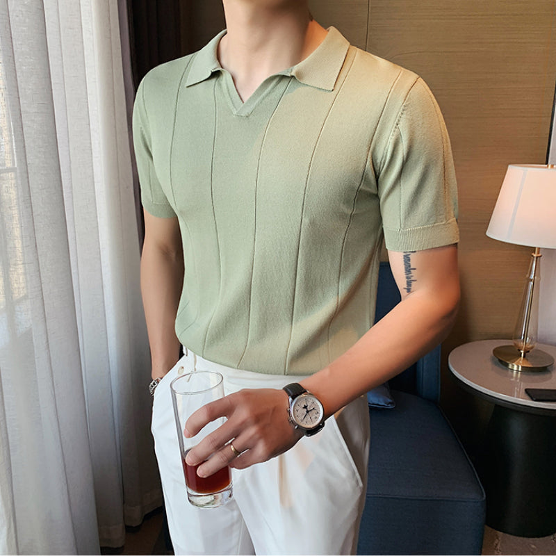 Men's Summer Business V-neck Knitted POLO T-shirt