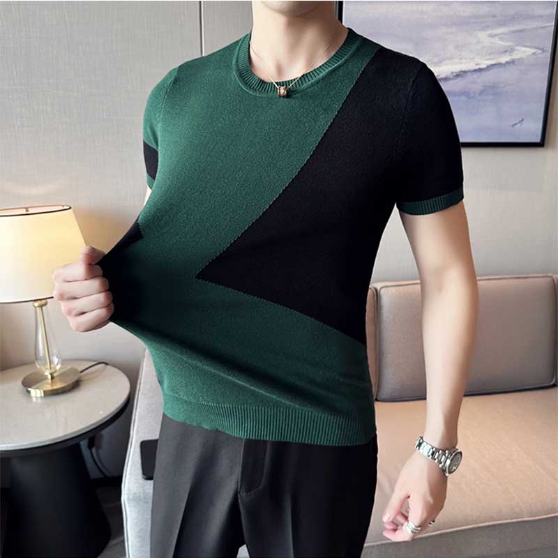 Men's British Business Slim Round Neck Color Matching Knit Half Sleeve T-Shirt