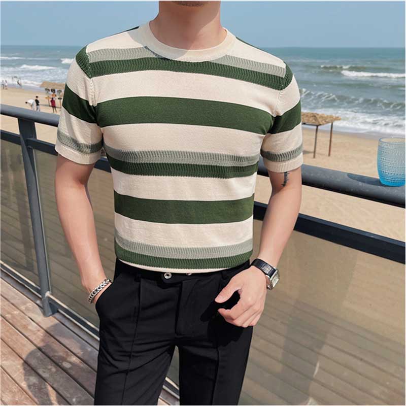 Men's Summer Slim Knit Contrast Stripe T-Shirt