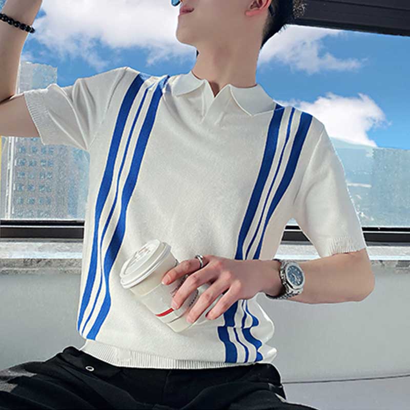 Men's Summer Striped Short Sleeve T-Shirt New Slim Fit Polo Shirt