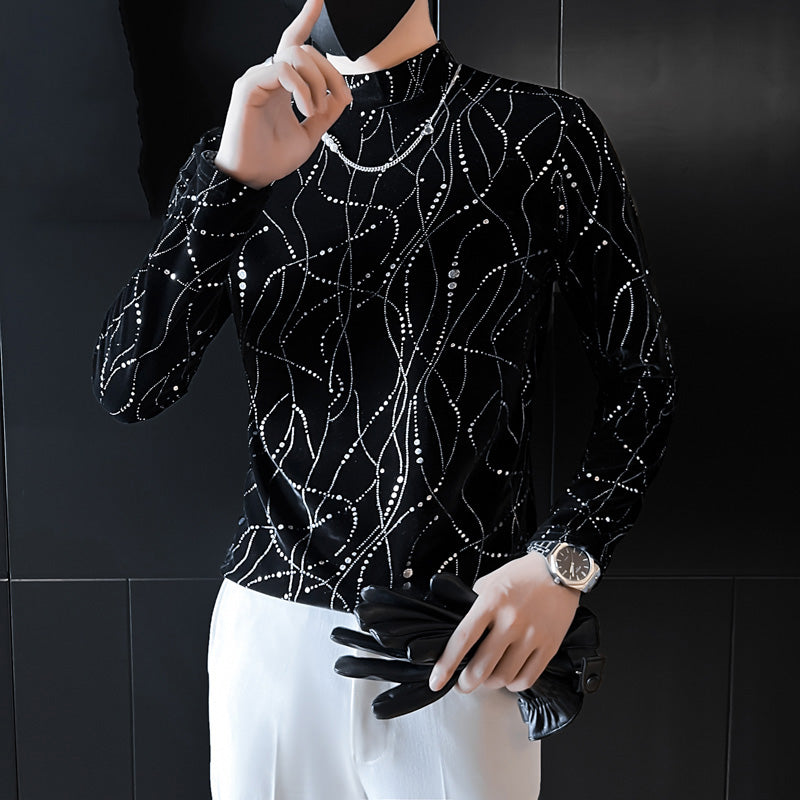Men's Mock Neck Printed Sequin T-Shirt
