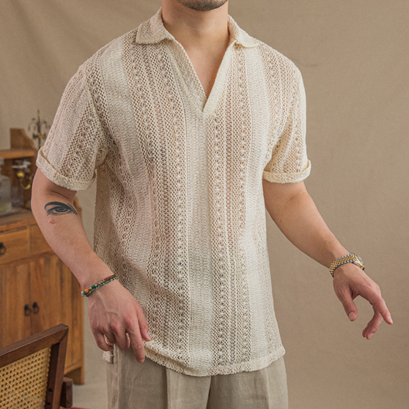 Vintage Hollow Short Sleeve POLO Collar Gentleman T-Shirt