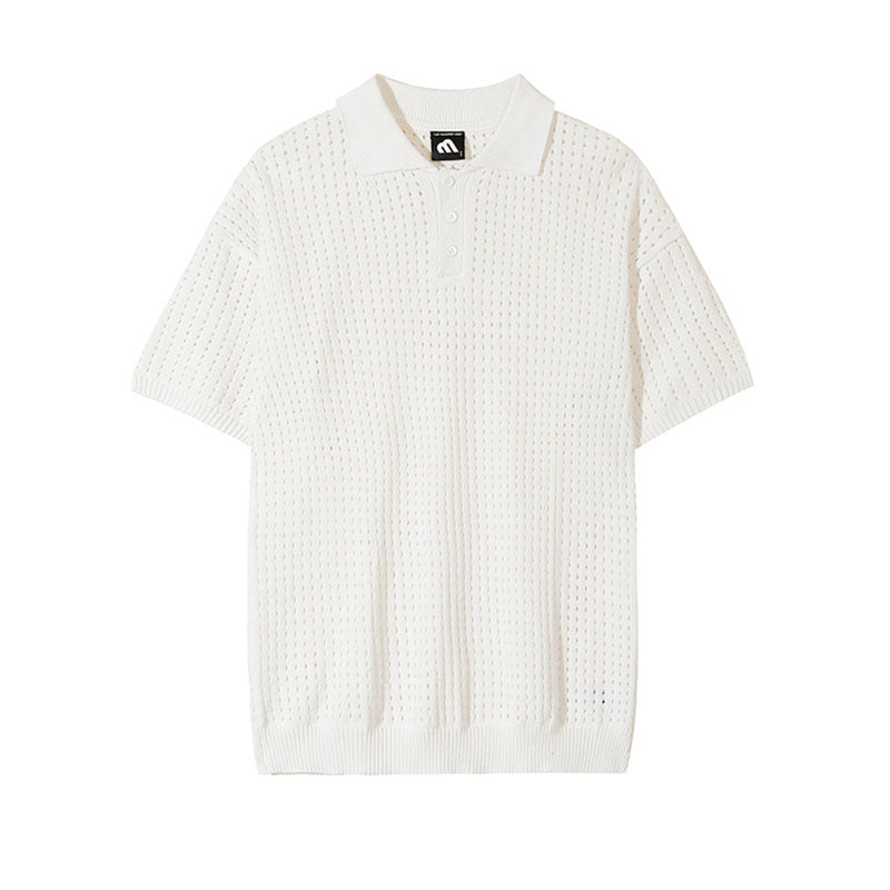 Men's Knit Short Sleeve Polo Shirt Vintage Solid T-Shirt