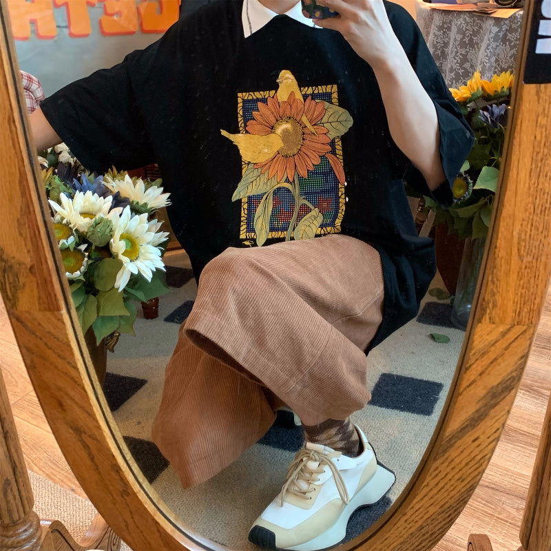 Vintage Sunflower Polo Collar Short Sleeves