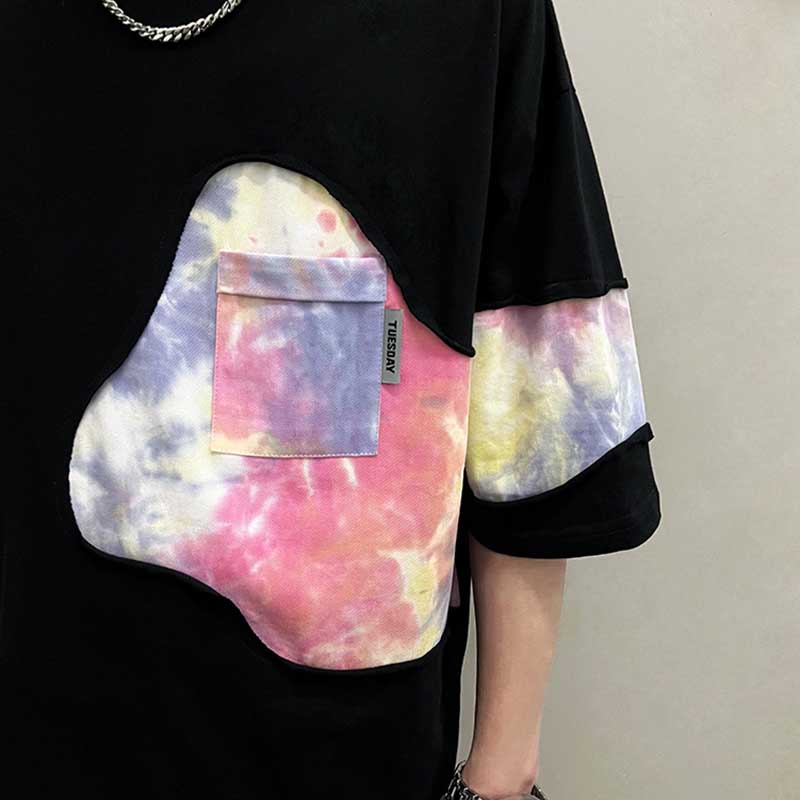 Men's Summer Round Neck Tie-dye Stitching Short-sleeved T-shirt