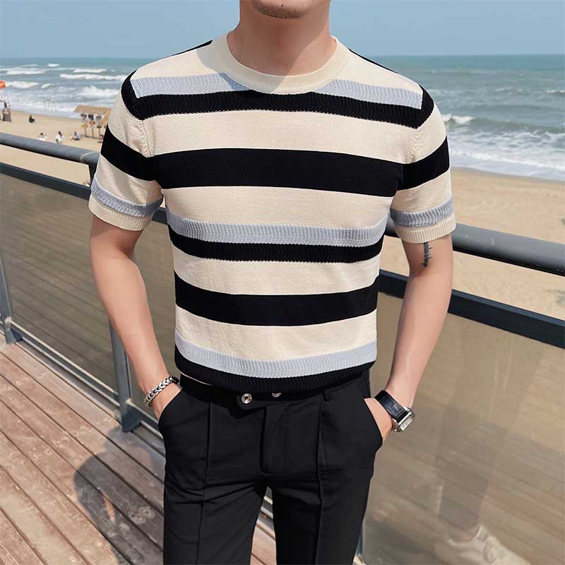 Men's Summer Slim Knit Contrast Stripe T-Shirt