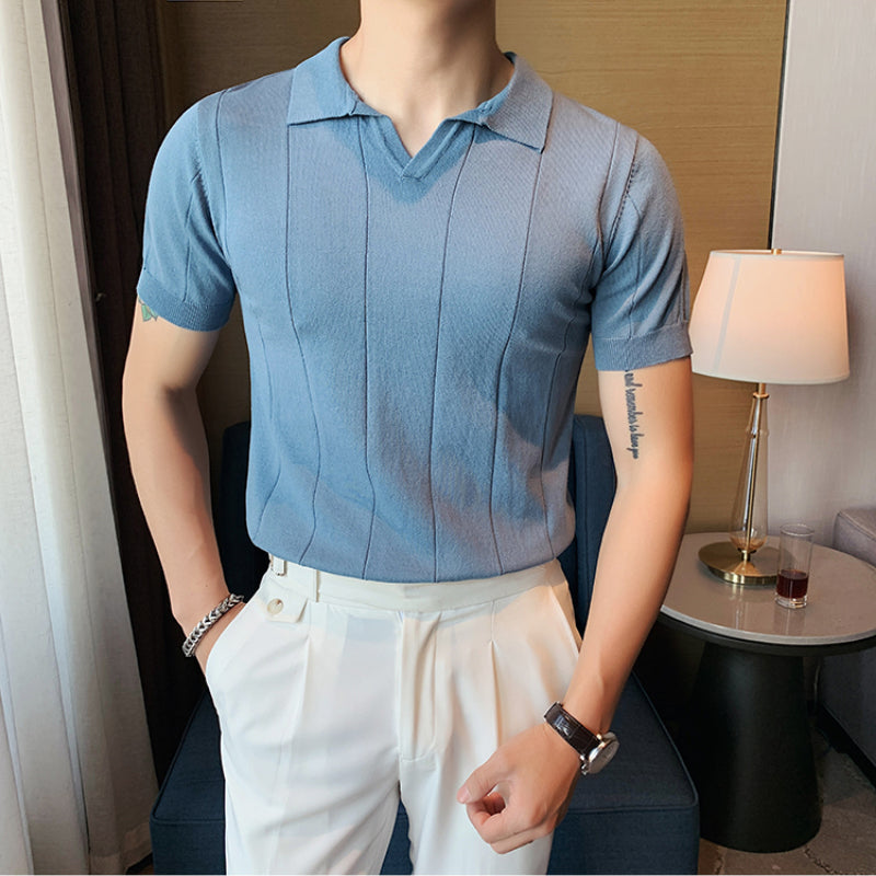 Men's Summer Business V-neck Knitted POLO T-shirt