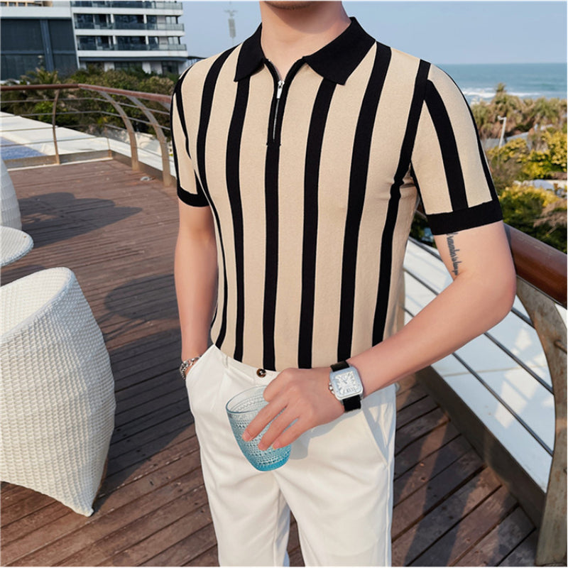 Men's British Business Contrast Stripe Zipper Slim Lapel Knit T-Shirt