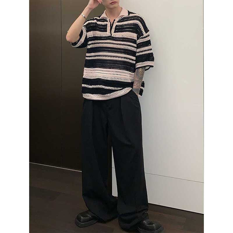 Multicolored Cutout Lapel Striped Polo T-Shirt