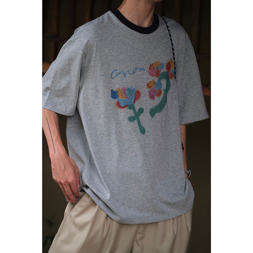 Floral Loose Crew Neck Cotton Short Sleeve T-Shirt
