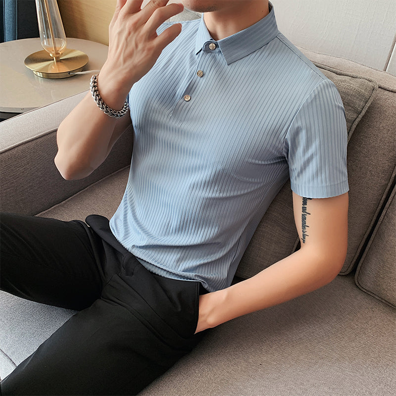 Polo Shirt Solid Color Striped Ice Silk Drape Lapel Half-sleeved Men's Summer Slim Business T-shirt