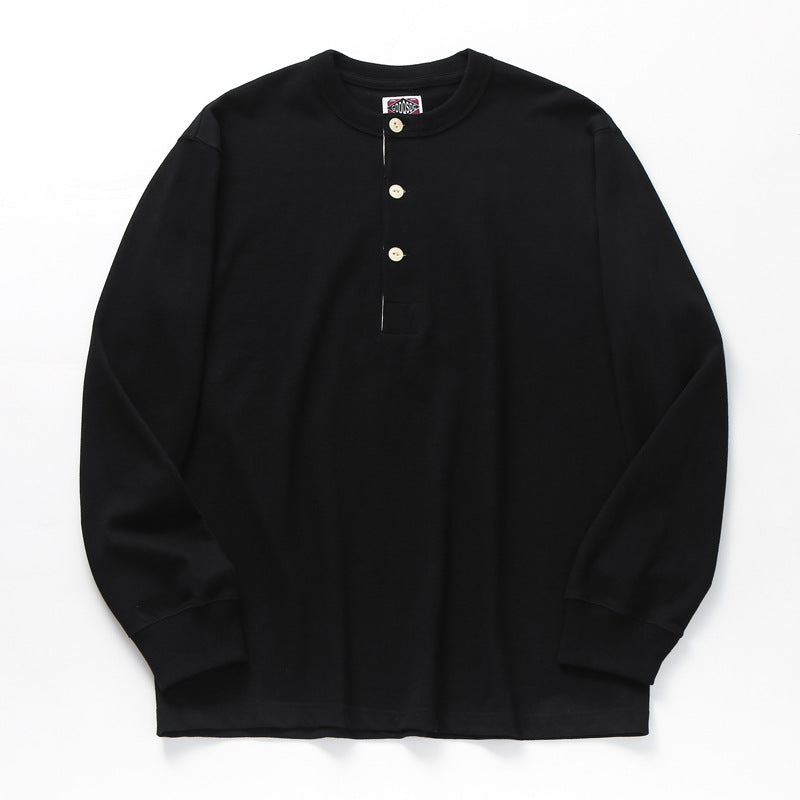 Men's Retro Henley T-Shirt, Super Thick Heavyweight Long Sleeve, Solid Color Tooling Top