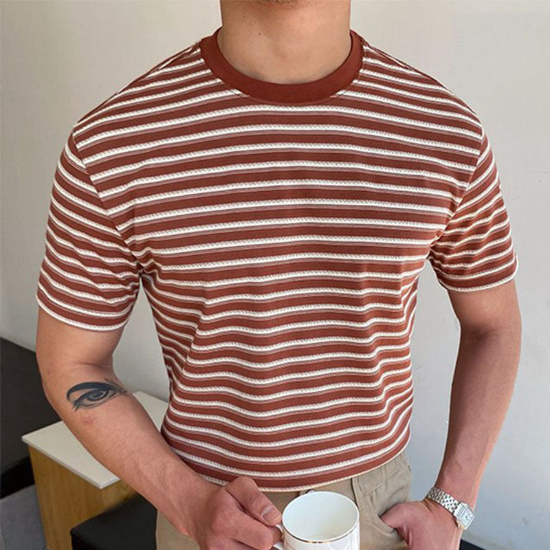 Men Retro Casual Red Stripe Crew Neck Short Sleeves Knit T-Shirt