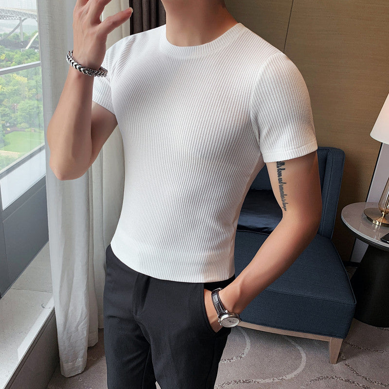 Men's Summer Slim Waffle Round Neck Solid Color T-Shirt