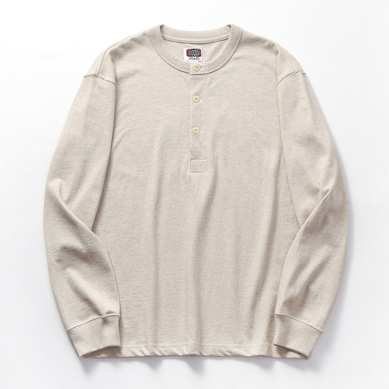 Men's Retro Henley T-Shirt, Super Thick Heavyweight Long Sleeve, Solid Color Tooling Top