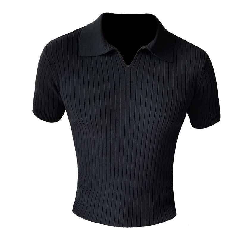 Men's Business British Striped Knitted Polo Shirt V Lapel Short-sleeved Slim Fit T-shirt