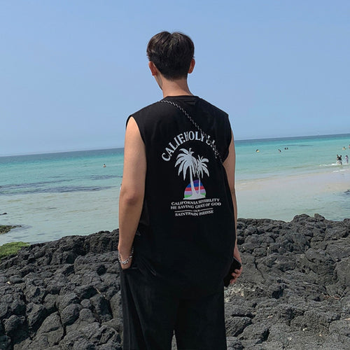 Men's Summer Casual Printed Beach Loose Sleeveless Vest T-Shirt