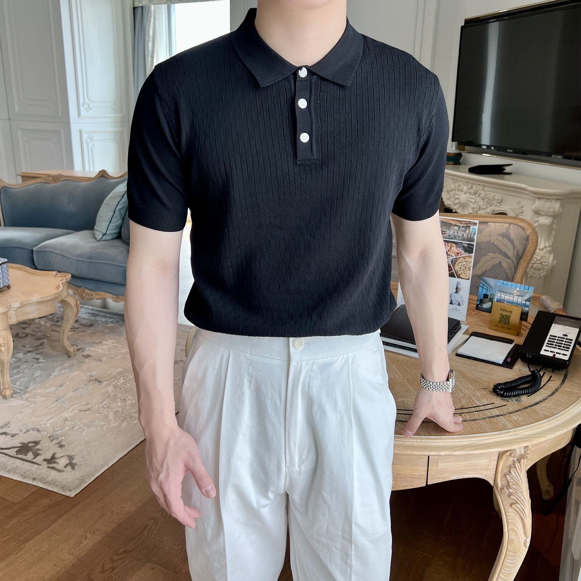 Men's Retro Short-sleeved Knitted Ice Silk POLOT Shirt